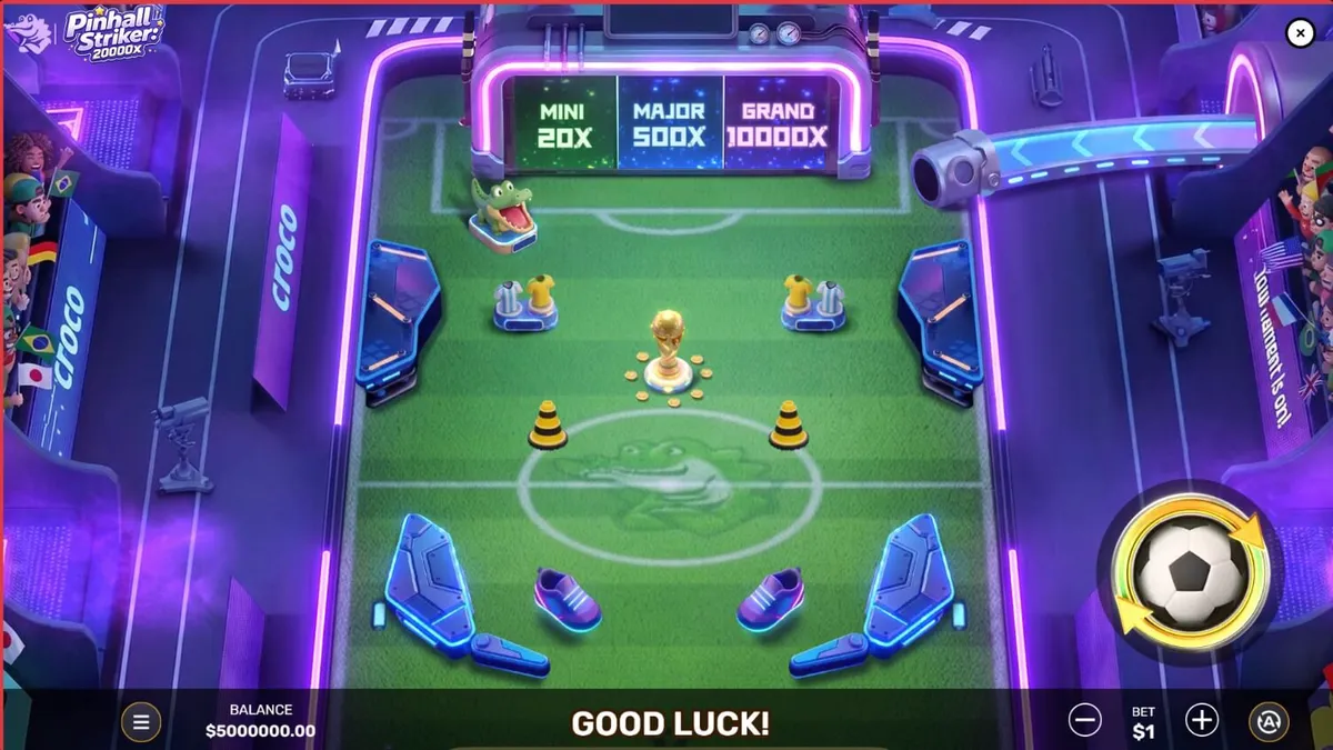 Pinball Striker 20,000x নিওন স্টেডিয়াম থিম এবং আর্কেড গেমপ্লে দৃশ্য